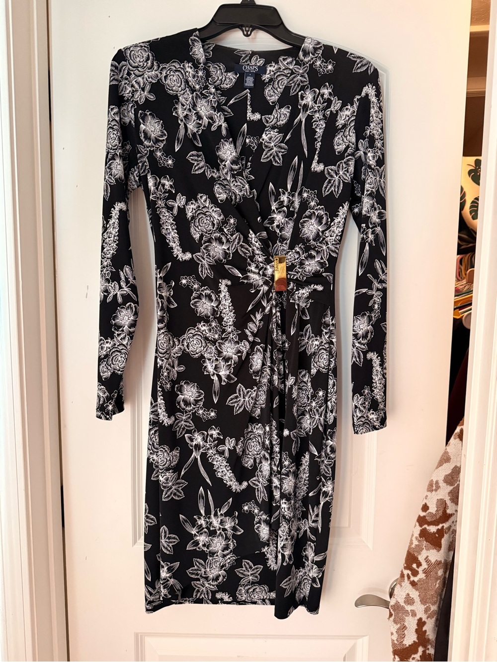 Chaps Black & White Floral Long-Sleeve Wrap Dress